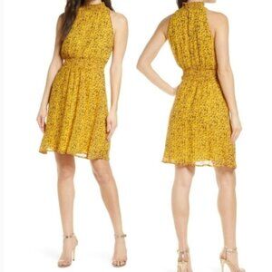 NWT Sam Edelman High Neck Smocked Yellow Floral Mini Dress Sz .6